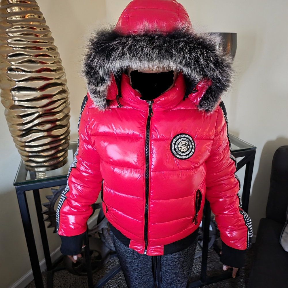 Women's Red Bomber Jacket with Fur Trim
